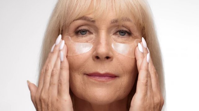 A senior woman in her 60s gingerly applies patches under her eyes. With a focus on beauty, she enjoys a moment of self-care in a calm environment, enhancing her radiant skin.