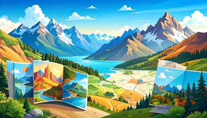 Panoramic landscape view with multiple map unfoldings showcasing various scenic locations