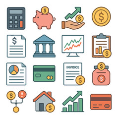 Finance linear icon set. including piggy bank, calculator, chart, credit card, savings, invoice, investment.