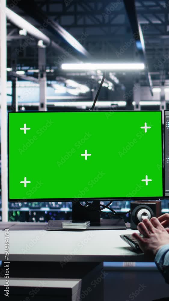 Poster vertical video data center engineer managing ai systems for uptime and efficiency using mockup pc. i