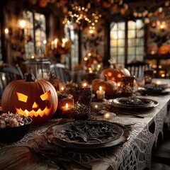 Fototapeta premium Spooky Halloween Table Setting with Jack-O'-Lanterns and Spiderweb Decor