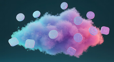 Abstract digital art featuring a colorful cloud with scattered social media icons floating around, representing connectivity and online presence.