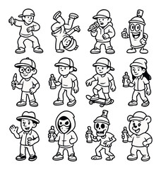 Naklejka premium Hip hop linear icon set. including dancers, rappers, graffiti, skater, bear, and more.