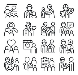 Medical linear icon set. containing doctor, patient, consultation, diagnosis, health, syringe, stethoscope, calendar.