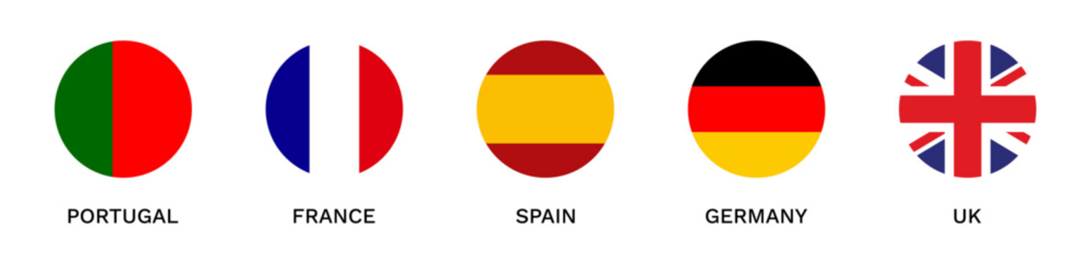 Set of five european flags speech bubbles. Portugal, France, Spain, Germany, United Kingdom. Standard color. Circle Button Icon Flag. Vector Illustration.