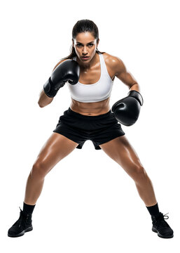 Powerful female boxer in ready stance, wearing gloves and sportswear, studio shot