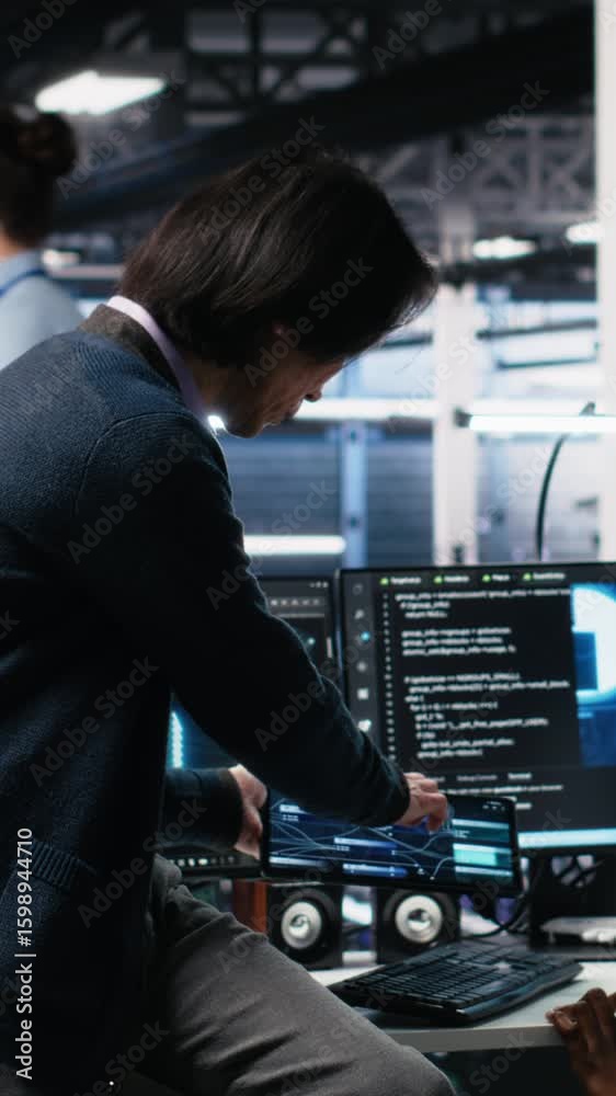 Poster vertical video senior engineer and trainee in data center working on neural network software develop