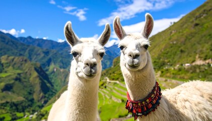 Two happy llamas in a mountain valley
