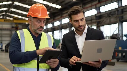 Industrial warehouse collaboration and teamwork with safety focus as men in hard hat and business suit use tablet and laptop for planning, inspection, supervision, and professional communication - Powered by Adobe