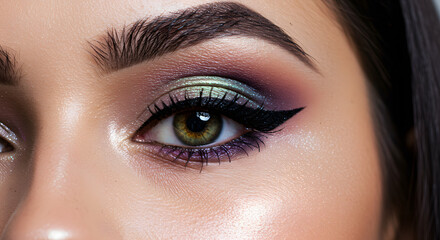 Obraz premium Close-up of a beautiful woman's eye with dramatic, colorful makeup and bold eyeliner, showcasing artistry and style