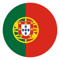 Flag of Portugal with the coat of arms in round shape. National flag, state and naval ensign. Official colors. Bandeira das Quinas, Bandeira Verde-Rubra. Vector Illustration.