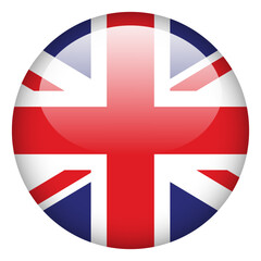 Flag of the United Kingdom in glossy 3D button form on white background. Circle Button Icon Flag. Vector Illustration.