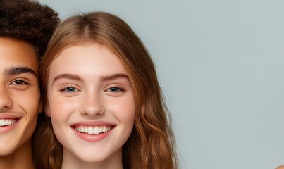 Teenage friends with wide smiles representing multicultural youth, standing together and radiating positive connection during global youth celebration moment