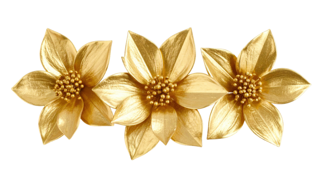 Three golden flowers arranged in a horizontal line isolated on a transparent background.