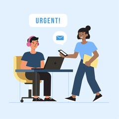 Urgent Office Communication and Teamwork – Flat Vector Illustration