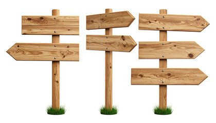 Multiple wooden directional signs on posts isolated on a transparent background.
