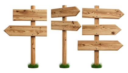 Multiple wooden directional signs on posts isolated on a transparent background.