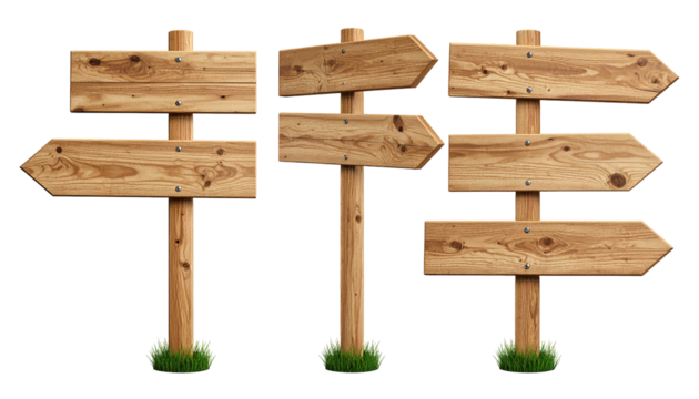 Multiple wooden directional signs on posts isolated on a transparent background.