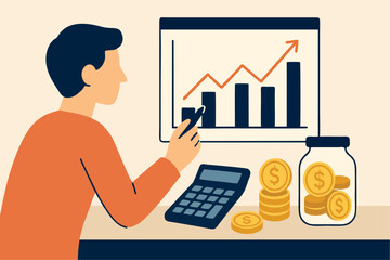 Flat Vector of Person Analyzing Financial Graphs with Calculator, Coins, and Savings Jars in Modern Style