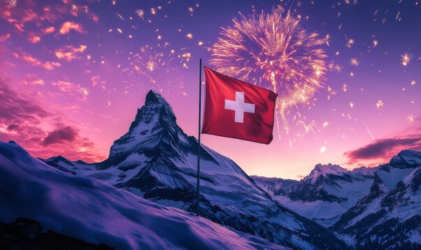 Majestic matterhorn mountain peak at sunset with waving swiss flag and colorful fireworks exploding in the sky, celebrating swiss national day with vibrant colors and festive atmosphere