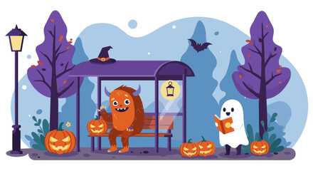 Fototapeta premium Halloween Bus Stop with Monster and Ghost