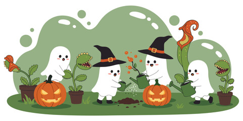 Fototapeta premium Halloween Ghosts Gardening with Carnivorous Plants