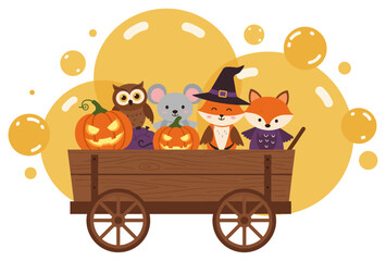 Fototapeta premium Halloween Animal Parade in a Wooden Cart