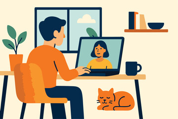 Flat Vector Illustration of Remote Work at Home with Laptop, Video Call, Pet Cat, and Coffee Mug – Modern Home Office Setup
