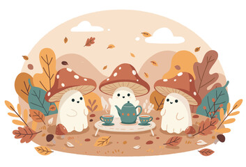 Naklejka premium Halloween Ghosts Having a Mushroom Tea Party