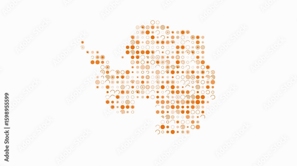 Poster antarctica dotted animation. shape of the country build of pulsating colored dots. large size circle