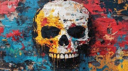 Vibrant Skull Graffiti on Weathered Wall