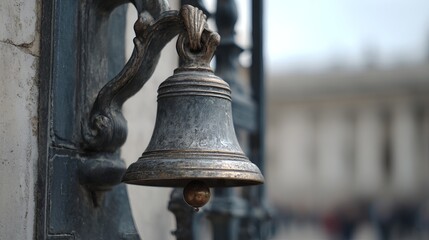 Obraz premium Close-up of an ornate brass bell, showcasing intricate detailing against a blurred architectural backdrop.