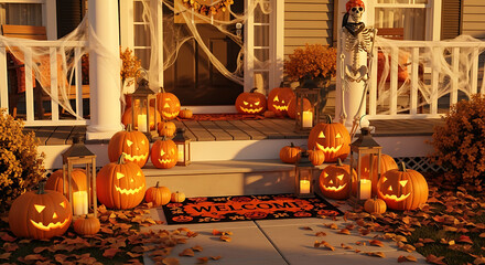 Halloween front porch decor ideas with pumpkins lanterns and skeleton for spooky season celebration