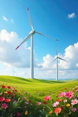 Graceful windmills stand tall against a vibrant springtime sky, wildflowers blooming in the foreground A picturesque scene of renewable energy and seasonal beauty , countryside, environment, windmill