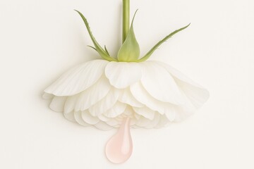 Pink essential oil cascading onto delicate white flower, symbolizing natural skincare, cosmetic purity, botanical beauty