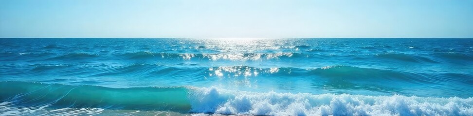 Obraz premium Vast expanse of deep blue ocean meeting the horizon, waves gently lapping the shore, serene and tranquil seascape A breathtaking view of the endless ocean , seascape, horizon view