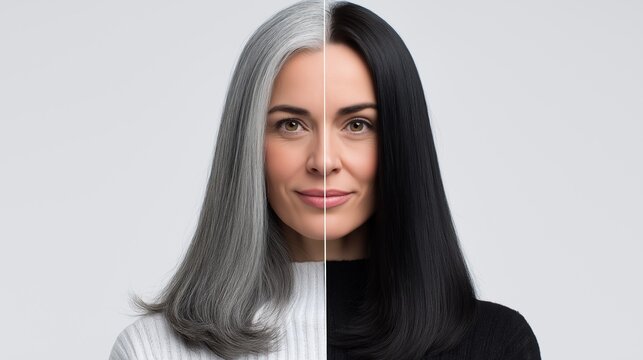 Gray haired woman displaying personal hair transformation, revealing color change and rejuvenating effect of professional hair treatment and styling