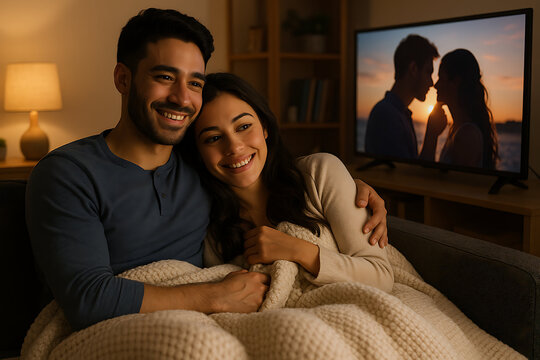 A couple cuddles on a couch under a blanket, smiling and enjoying a cozy movie night at home with a romantic scene playing on the TV in the background. - Powered by Adobe
