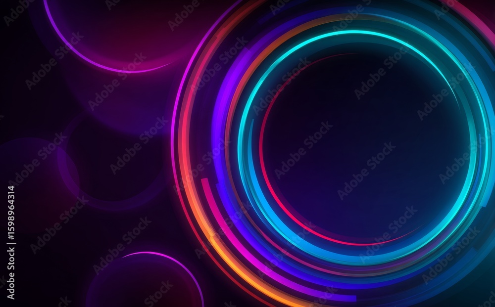 Poster glowing neon light trails form a vibrant circular frame against a dark backdrop, with colorful bokeh