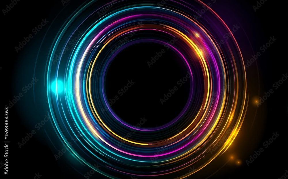 Poster luminous neon rings pulsing with vivid colors emanating from dark backdrop, creating geometric abstr