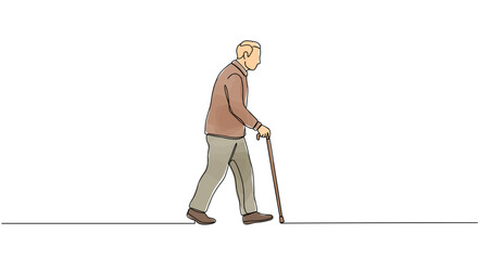 Elderly Person Walking with Cane Symbolizing Aging and Senior Support — one line doodle drawing with watercolor fill, minimalistic vector illustration  - International Day of Older Persons.