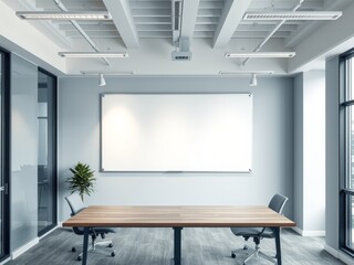 A conference room with a white board a wooden table and two chairs in a modern office space