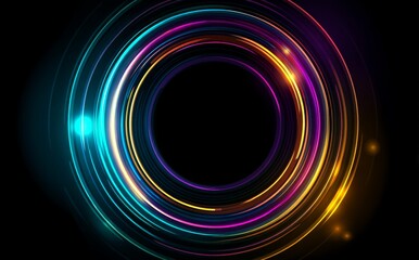 Luminous neon rings pulsing with vivid colors emanating from dark backdrop, creating geometric abstract pattern with energetic visual depth and potential design space