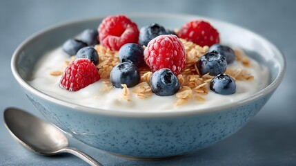 Yogurt parfait topped with fresh raspberries and blueberries.
