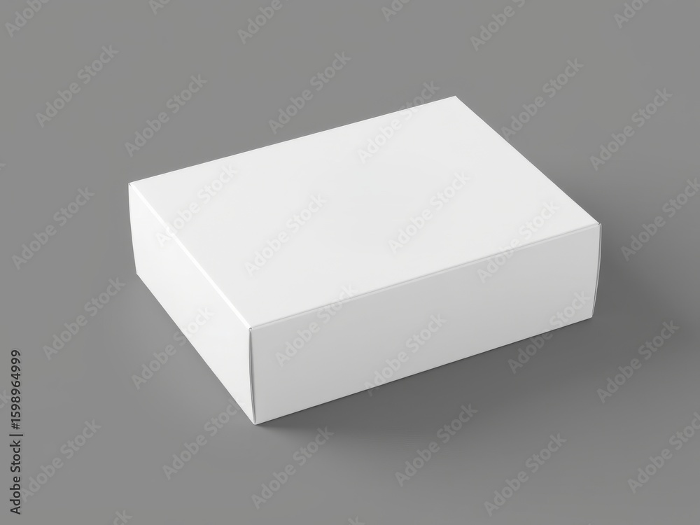 Poster a simple rectangular white box sitting on a plain gray surface in a studio environment setting