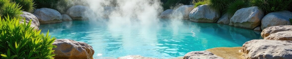 Serene geothermal hot spring pool, steaming water, surrounded by lush green vegetation and smooth rocks Ideal for relaxation and wellness themes , rocks, plants, water