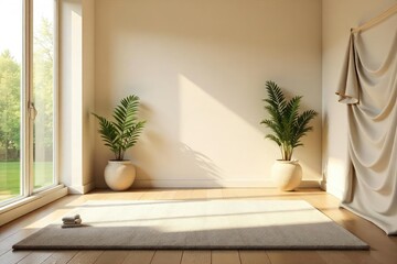Serene room bathed in soft sunlight, ideal for meditation and relaxation; peaceful atmosphere enhanced by minimalist decor and natural elements , quiet, wellbeing