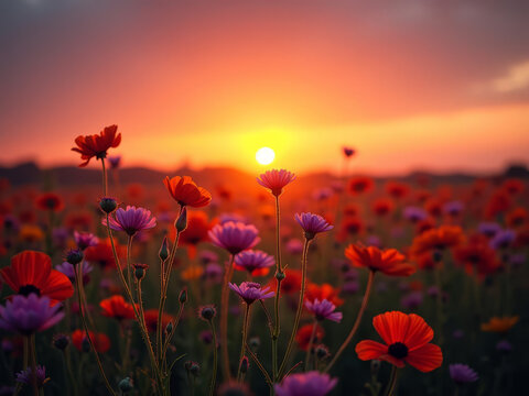 Champ de fleurs sauvages sous un coucher de soleil flamboyant
