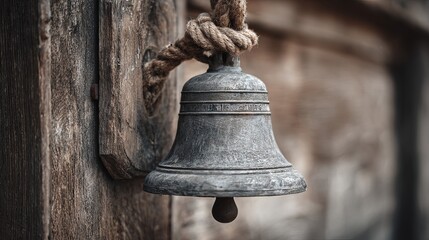 Obraz premium Close-up of an aged bell hanging from a rustic wooden structure, showcasing its weathered texture and charm.