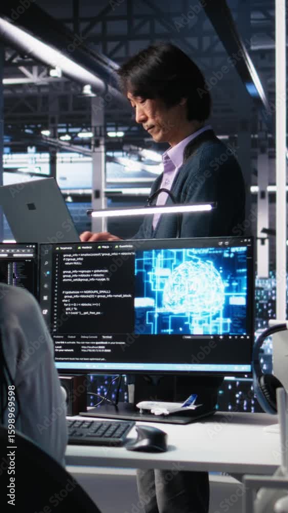 Poster vertical video team leader supervising technicians in server room using ai to review infrastructure 